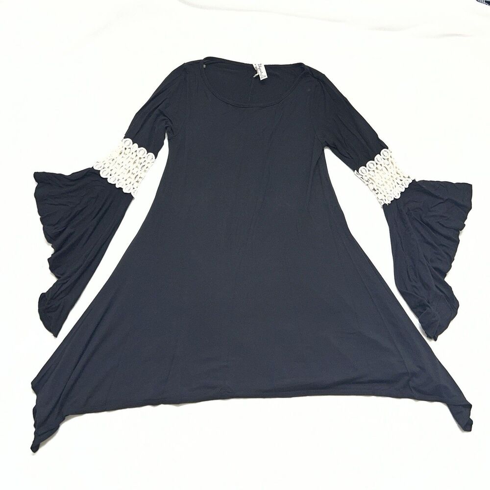 LilyPad Black Bell Sleeve Tunic Dress Boho Witchy Sharkbite Hem Women’s S